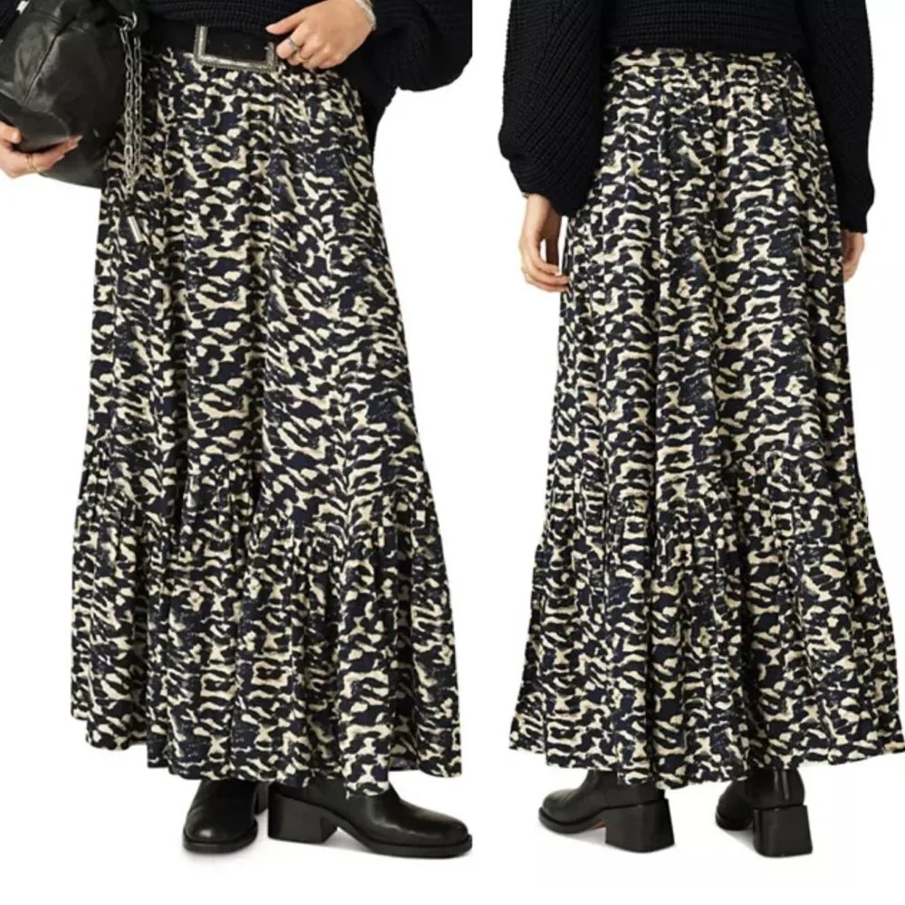 NWT ba&sh Sustainable Fashion 100% Viscose Animal Print Tiered Maxi Skirt Sz 12